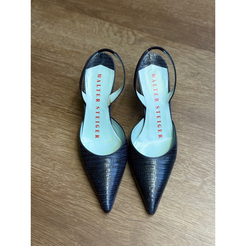 Walter Steiger Navy Lizard Embossed Leather Slingback Pumps Pointed Toe 6B 4878Y